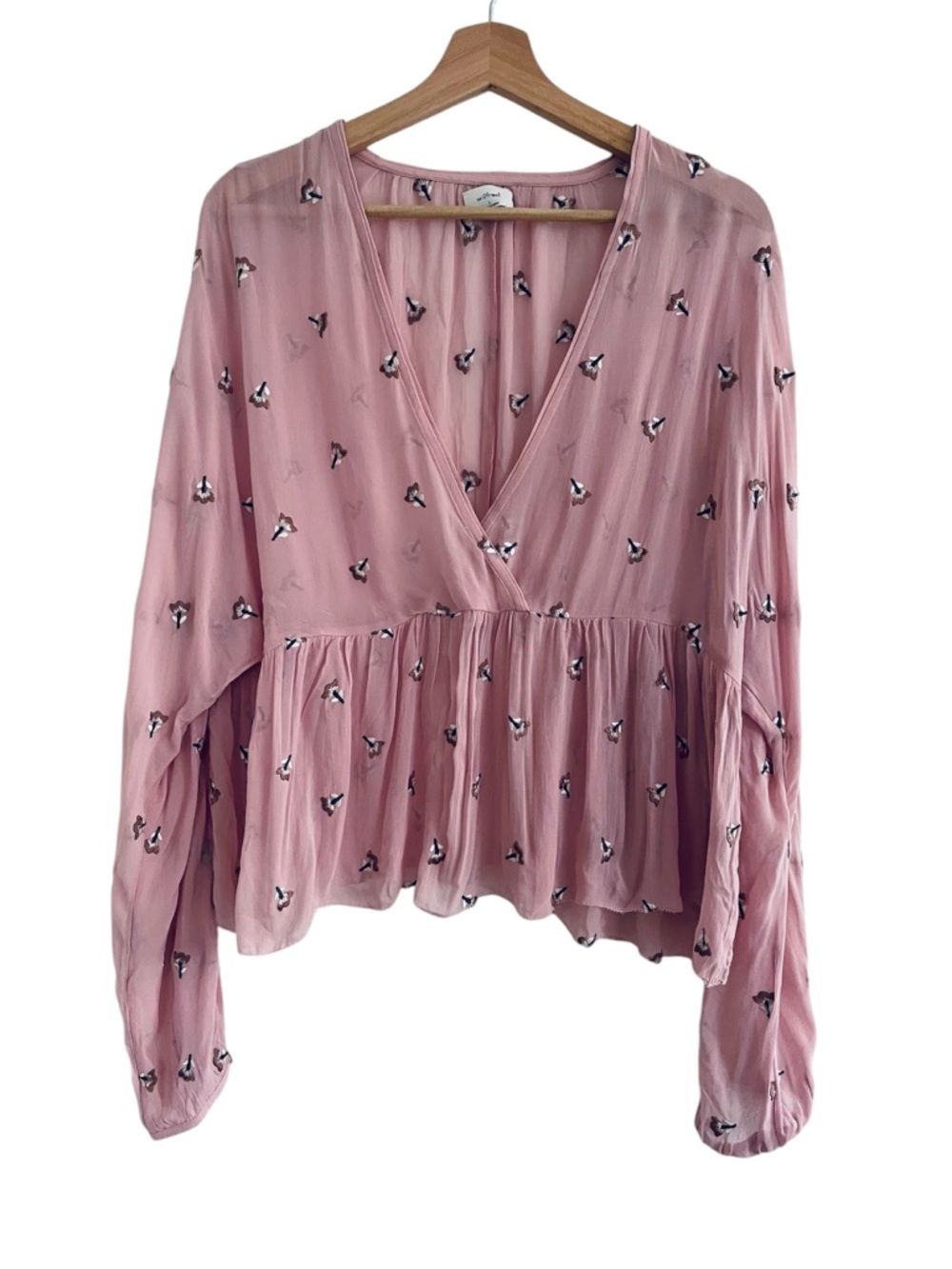 Aritzia Wilfred Embroidered Peplum Blouse Pink Floral Babydoll Size Large - Picture 5 of 13